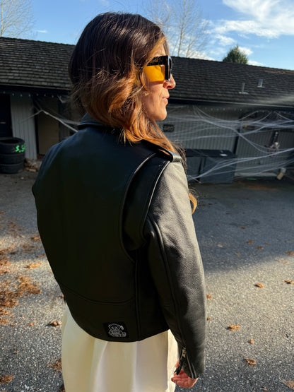 The Vanishing Ones women's leather jacket detail — underground lifestyle streetwear Canada